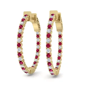 1 Carat Ruby And Diamond Hoop Earrings In 14 Karat Yellow Gold, 3/4 Inch