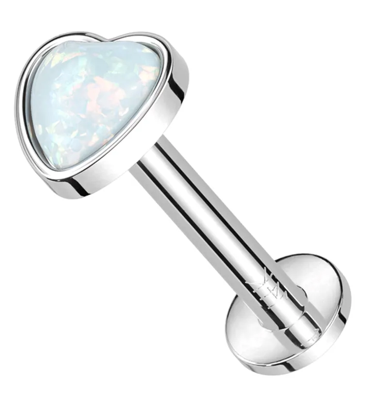 14kt White Gold Heart White Opalite Threadless Labret