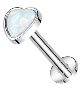 14kt White Gold Heart White Opalite Threadless Labret