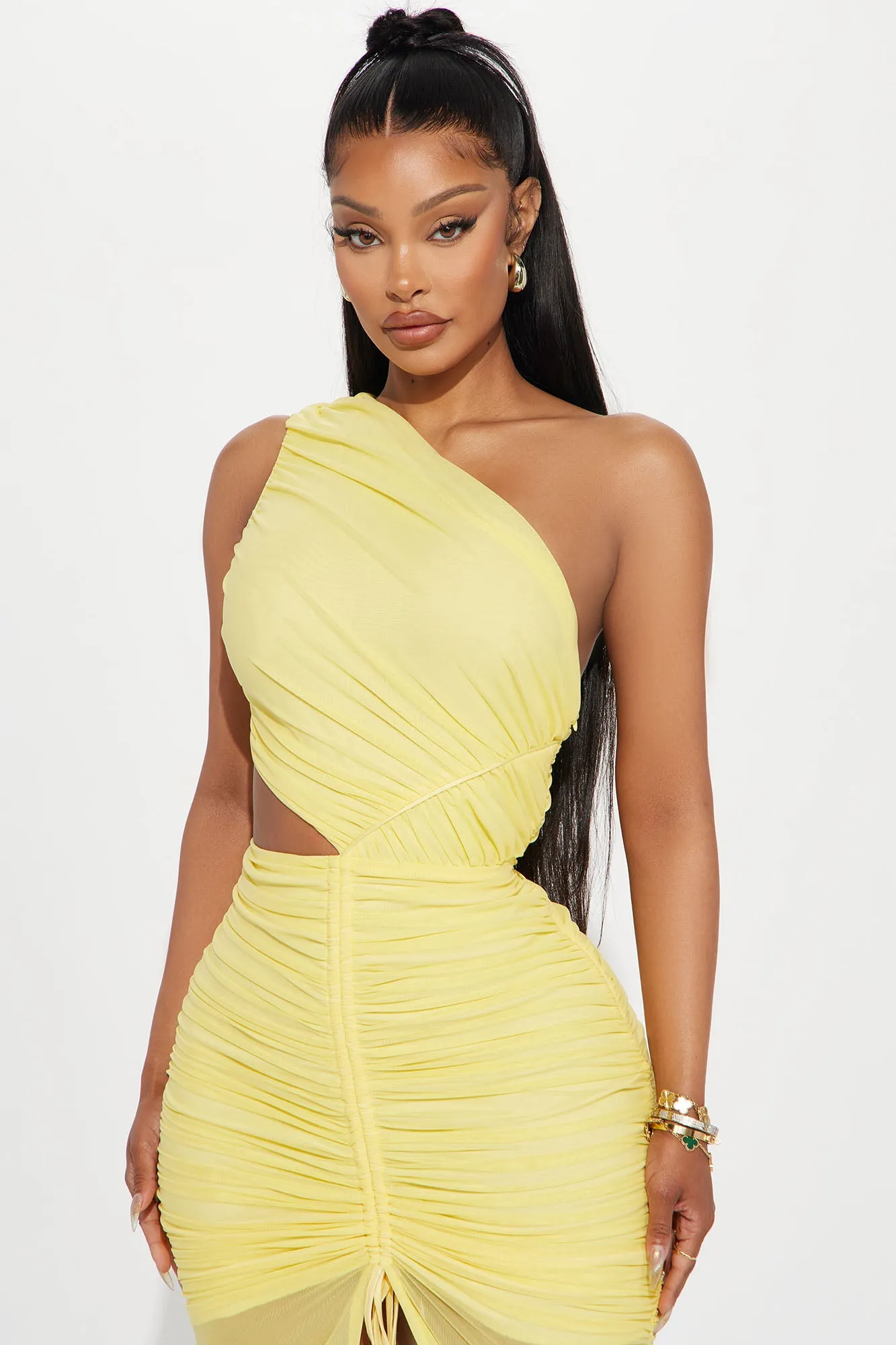 Amber Glow Mesh Midi Dress - Yellow