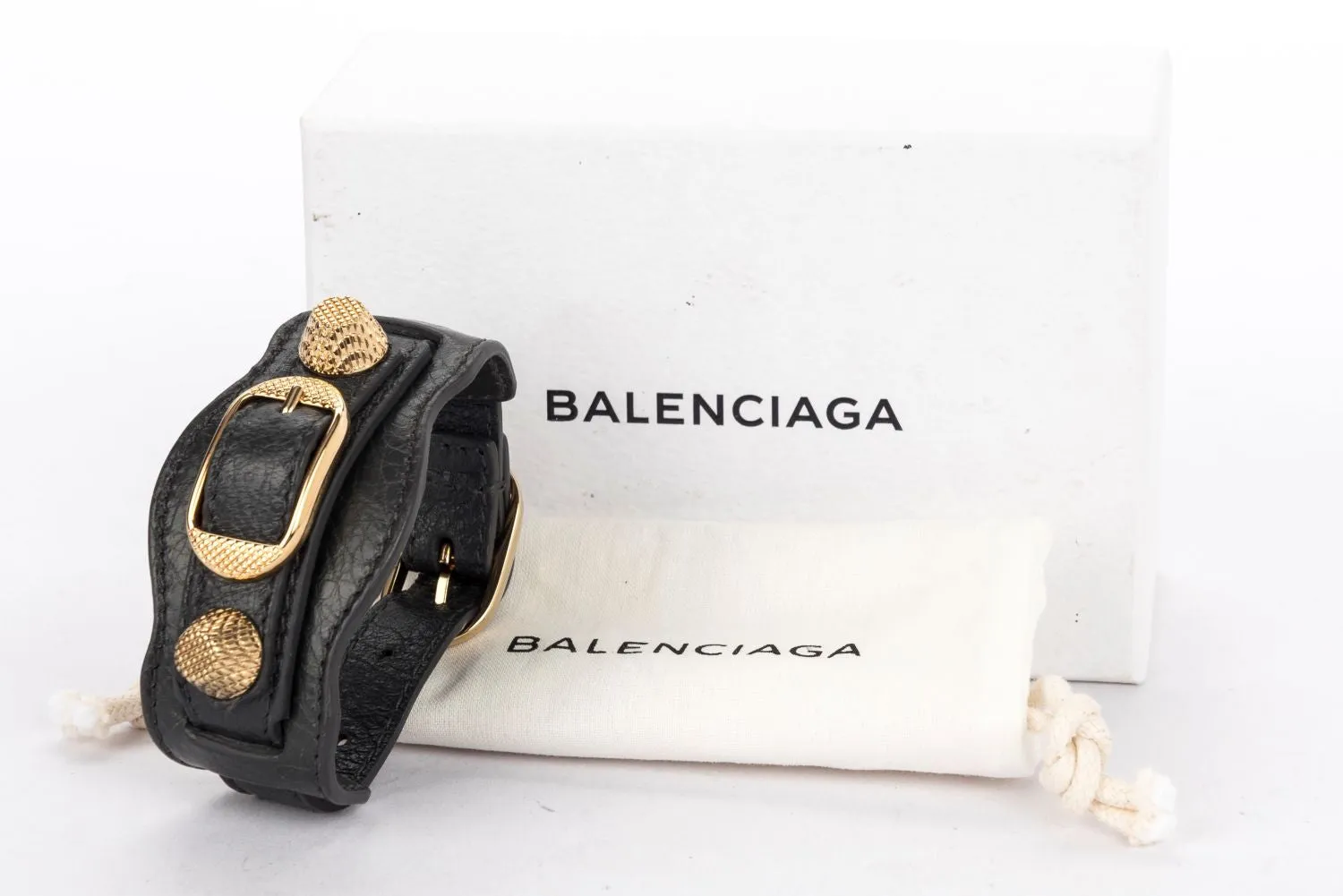 Balenciaga 235480 Grey Leather Giant Gold Studded Bracelet M Size, with Dust Cover & Box