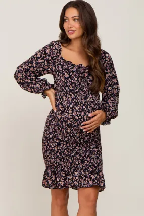 Black Floral Print Long Sleeve Smocked Maternity Dress