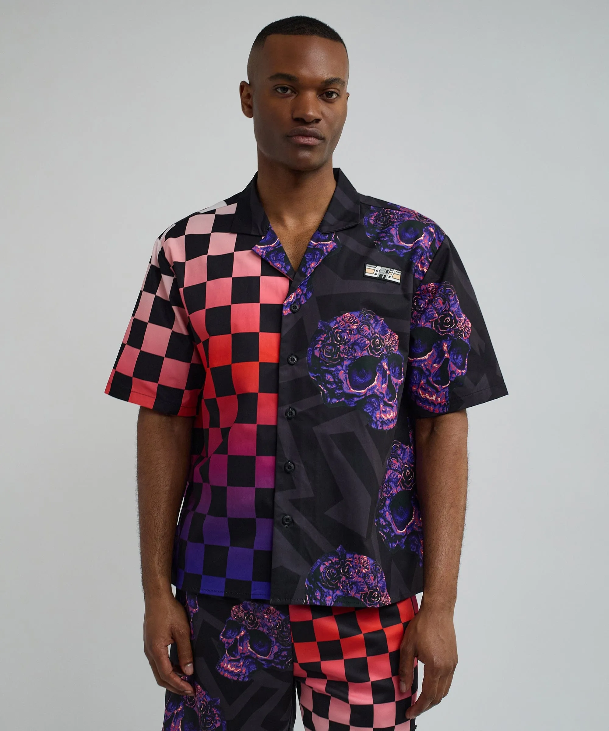 Checkers And Skulls Split Woven Short Sleeve Shirt