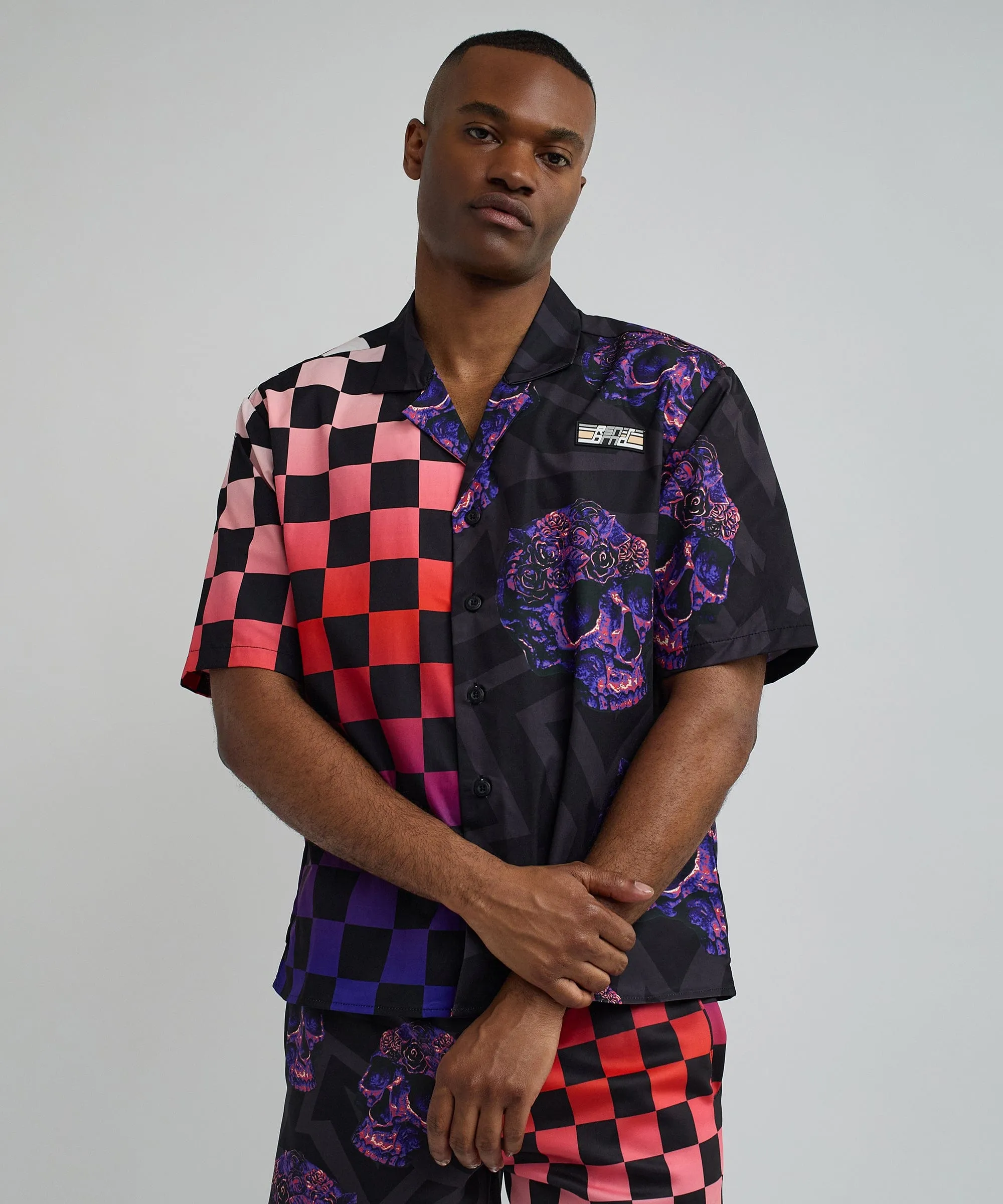 Checkers And Skulls Split Woven Short Sleeve Shirt