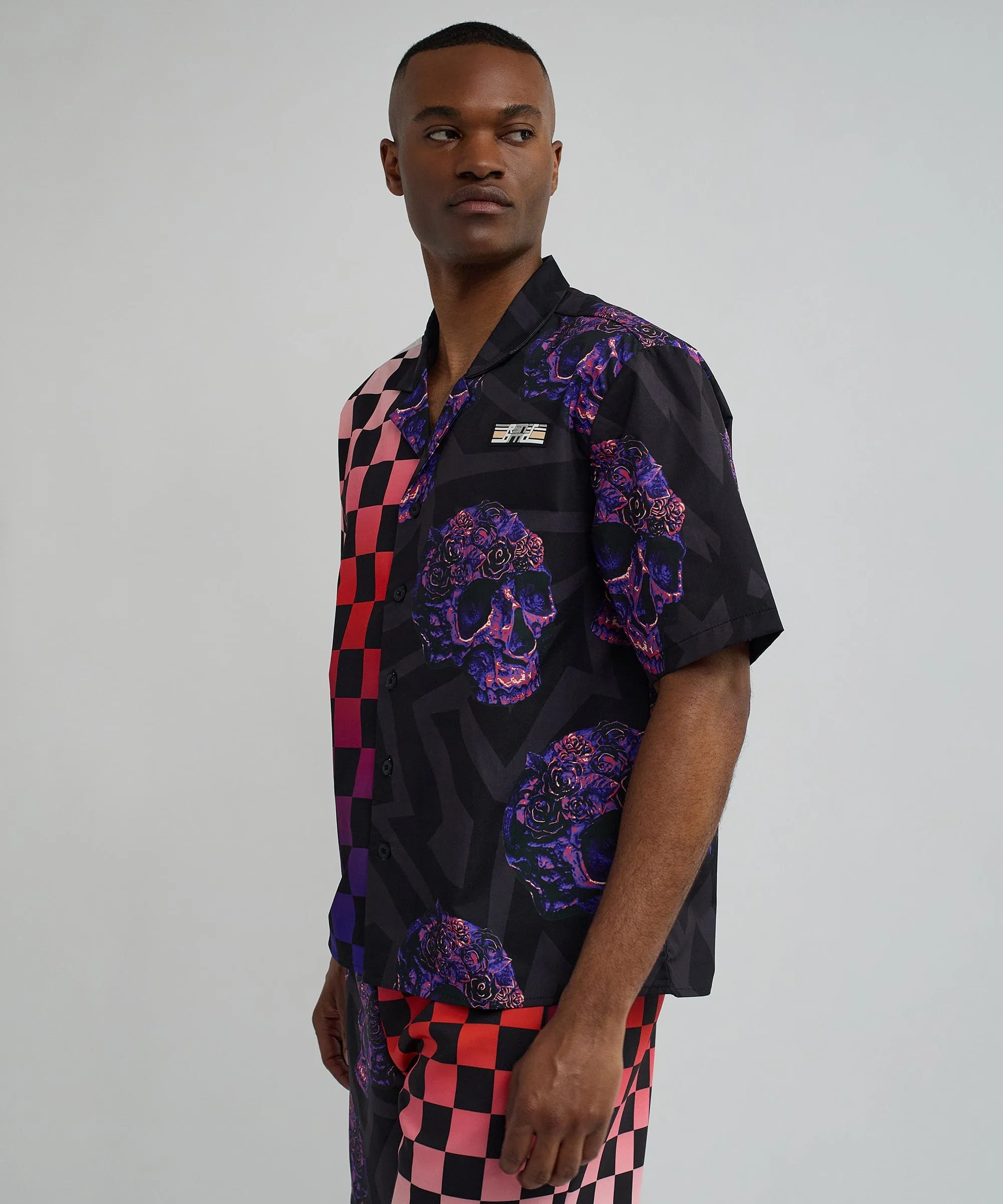 Checkers And Skulls Split Woven Short Sleeve Shirt