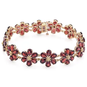 Estate 10K Yellow Gold Garnet Floral Link Tennis Bracelet