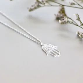 Hamsa Rhodium Necklace, Hamsa Charm, Rhodium Dipped Necklace, (SN101)