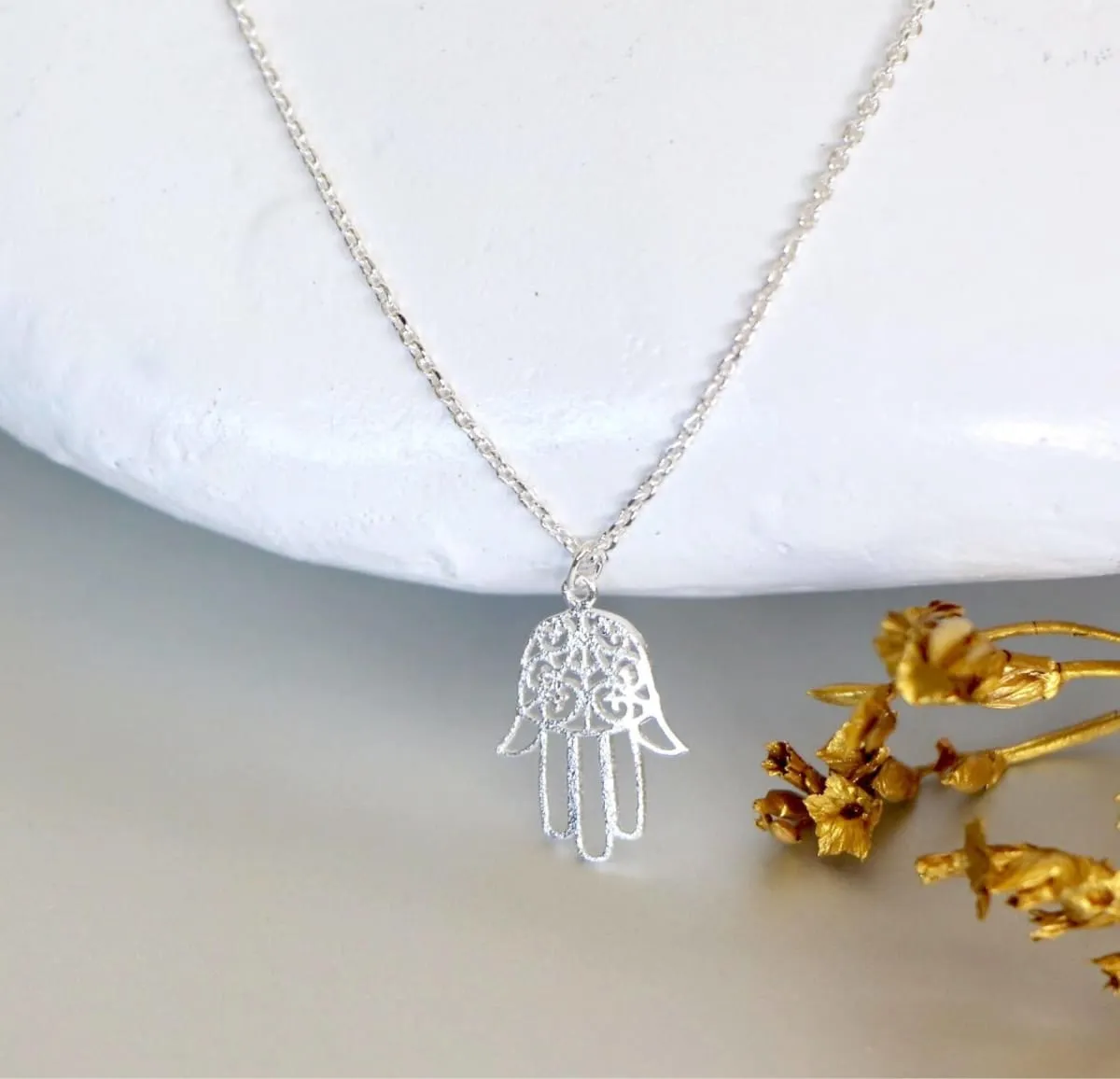 Hamsa Rhodium Necklace, Hamsa Charm, Rhodium Dipped Necklace, (SN101)