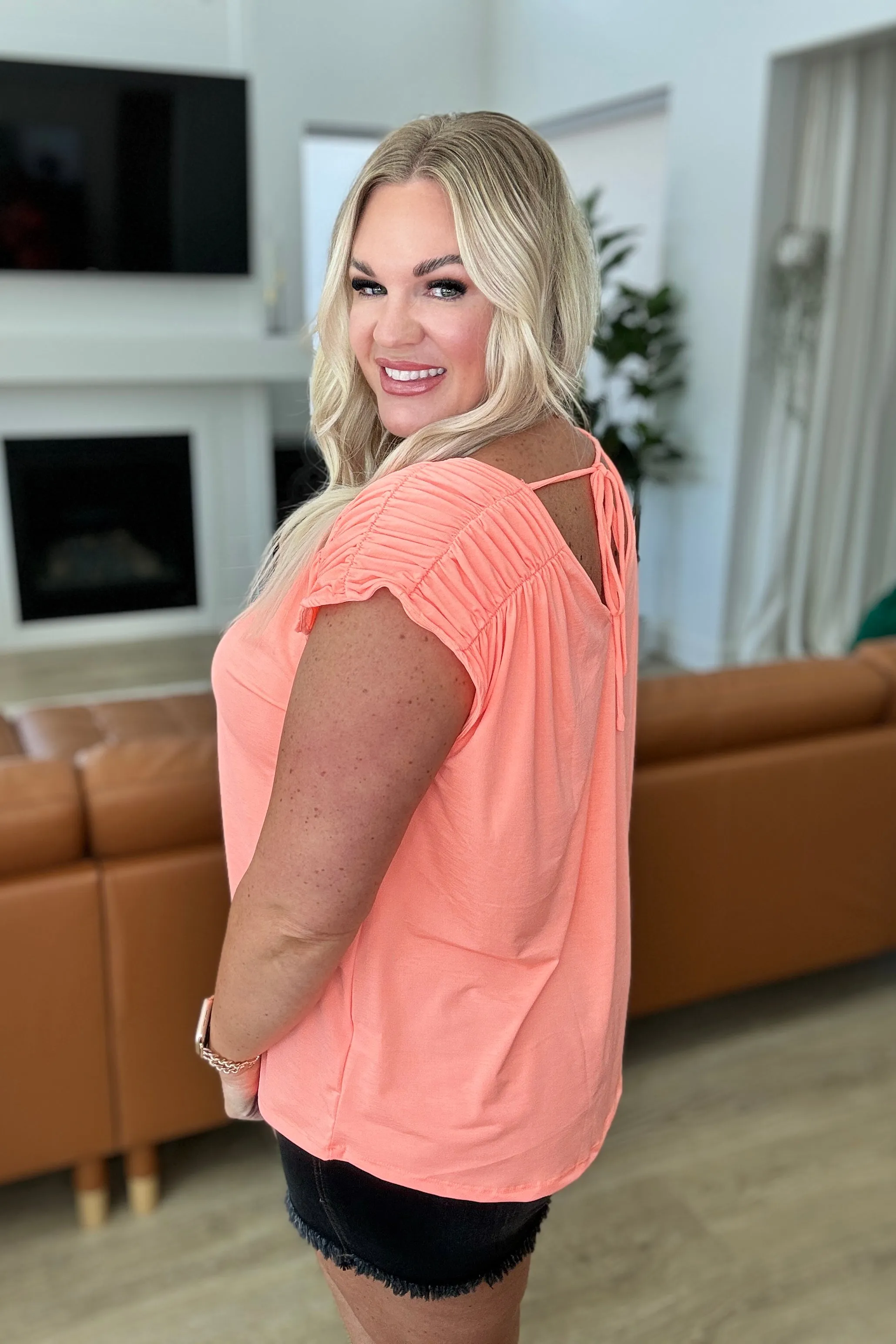 Ruched Cap Sleeve Top in Neon Orange