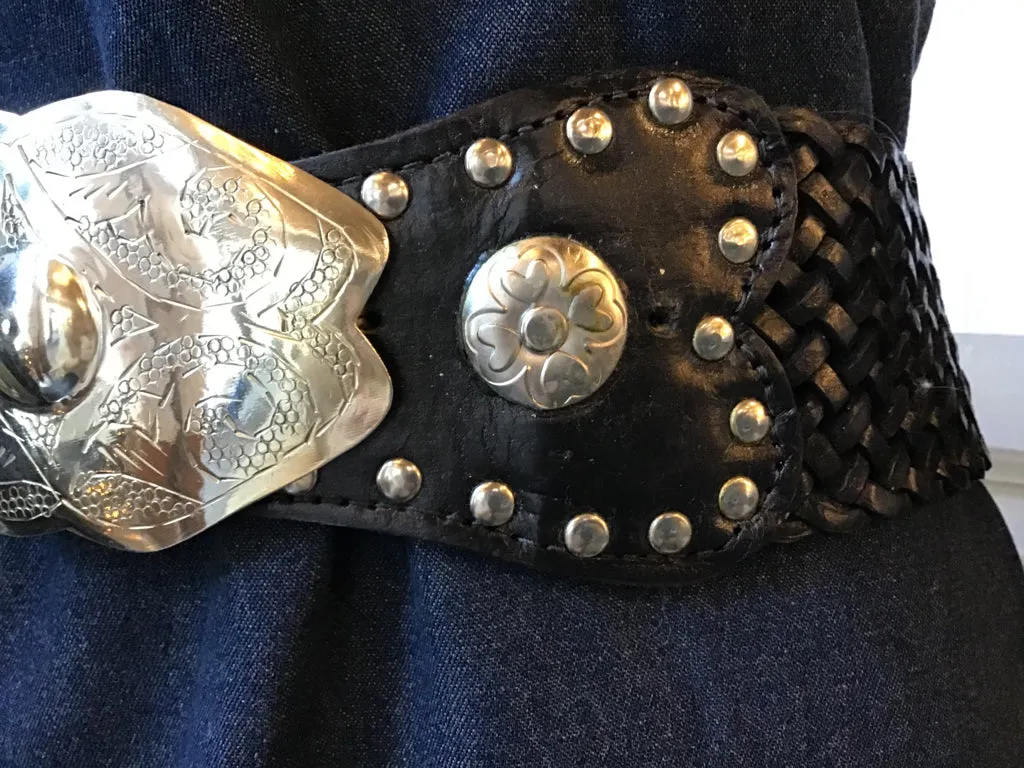 Silver Buckle Studded Leather Belt