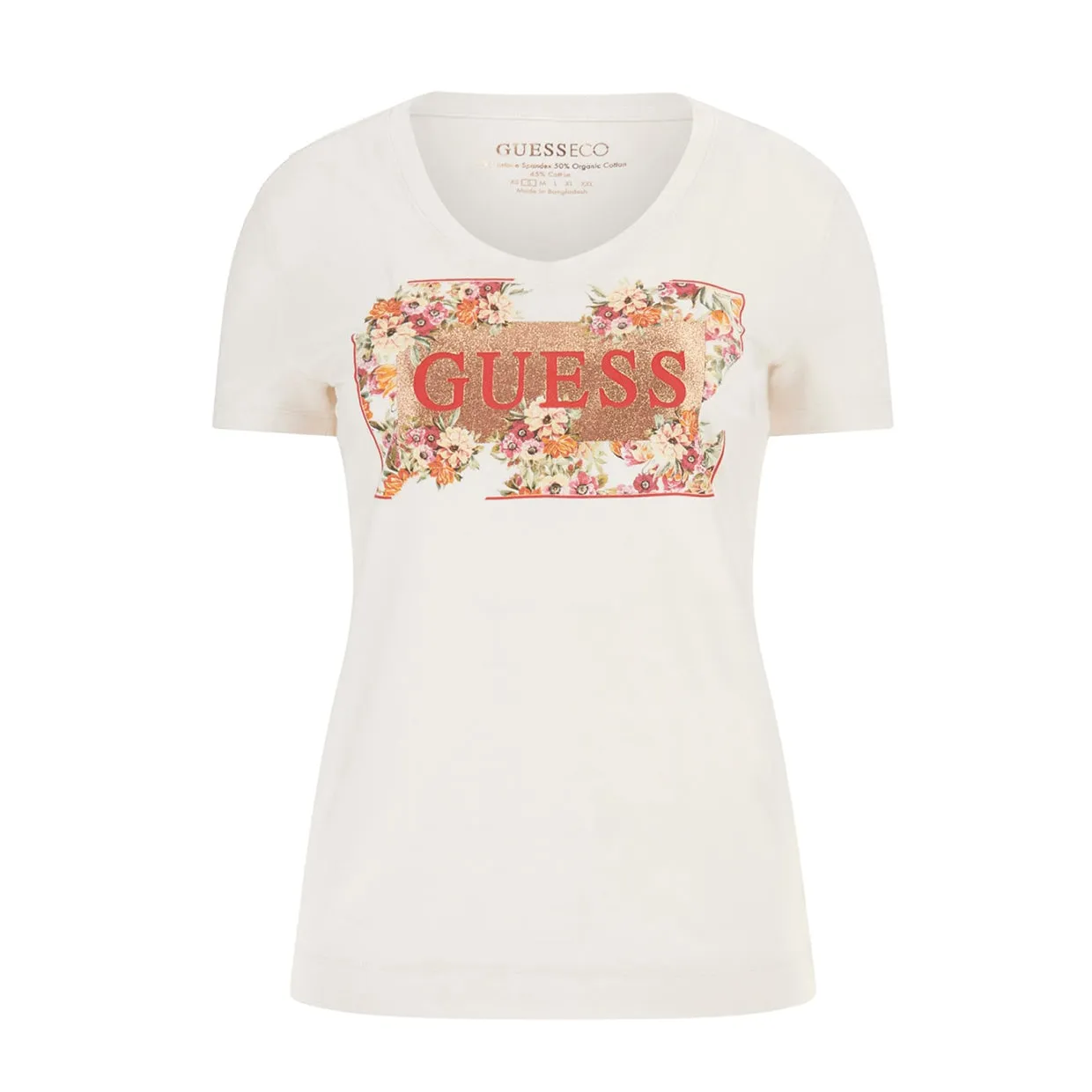 T-shirt Donna Guess Stretch Logo Bianco Crema