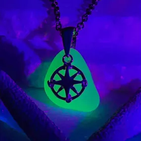 UV Sea Glass Pendant with Sterling Silver Compass Charm | #5300